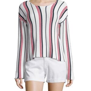Frame Cropped Long-sleeve Striped Top, vertical Stripe Red, Navy, and Cream